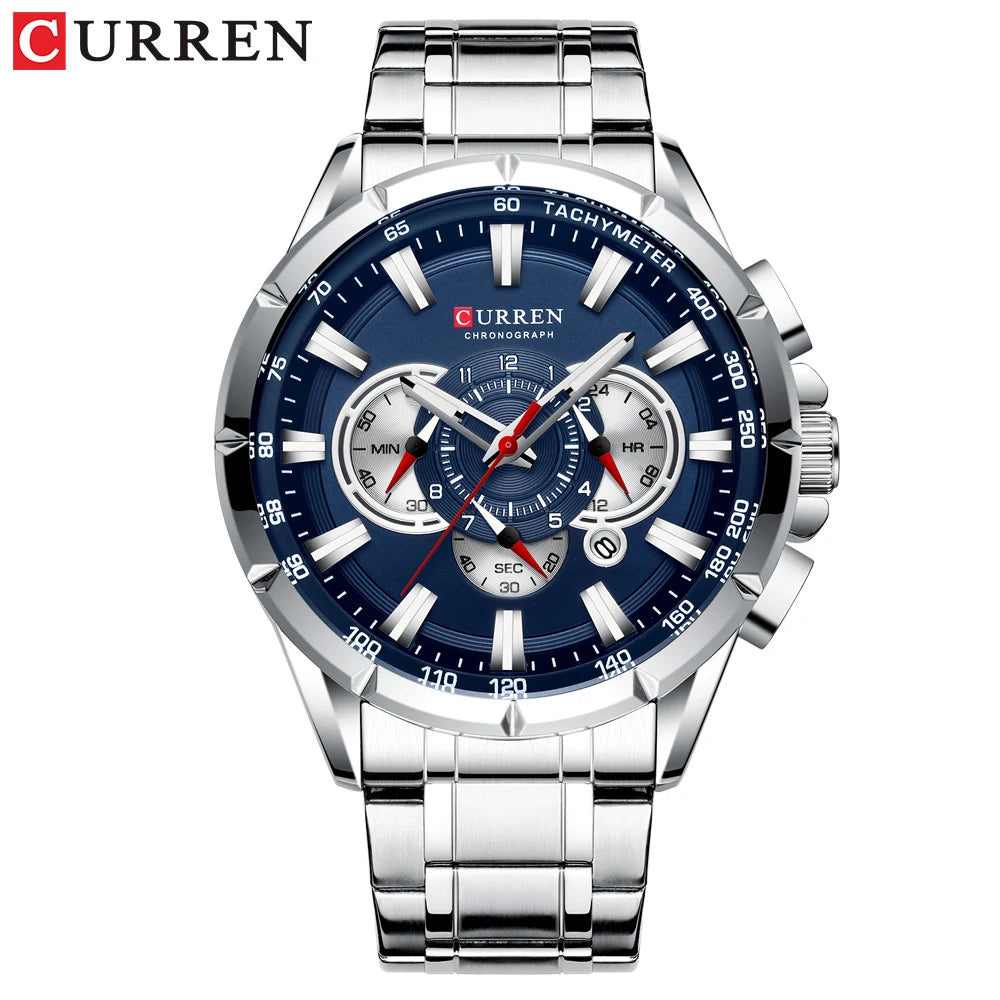 New Casual Sport Chronograph Men'S Watches Stainless Steel Band Wristwatch Big Dial Quartz Clock with Luminous Pointers