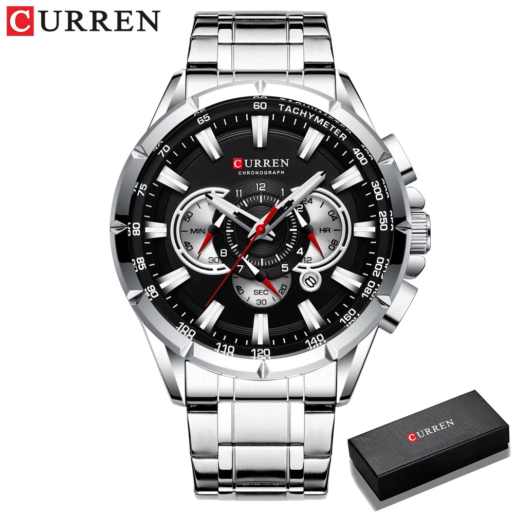 New Casual Sport Chronograph Men'S Watches Stainless Steel Band Wristwatch Big Dial Quartz Clock with Luminous Pointers