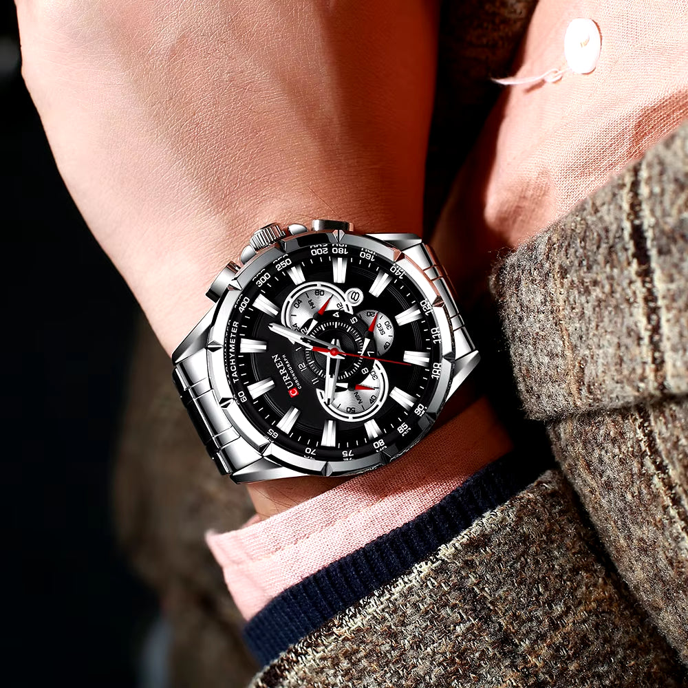 New Casual Sport Chronograph Men'S Watches Stainless Steel Band Wristwatch Big Dial Quartz Clock with Luminous Pointers