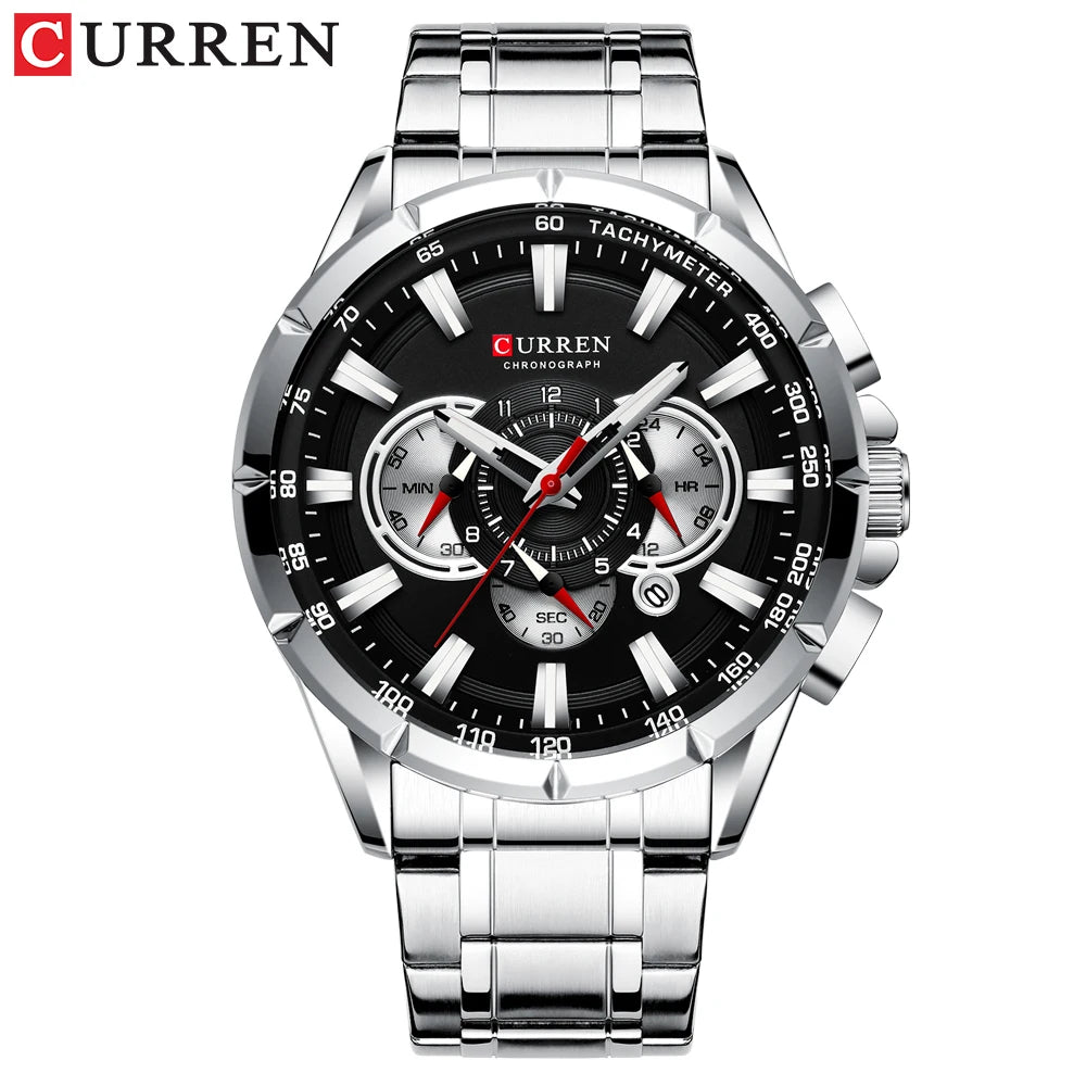 New Casual Sport Chronograph Men'S Watches Stainless Steel Band Wristwatch Big Dial Quartz Clock with Luminous Pointers
